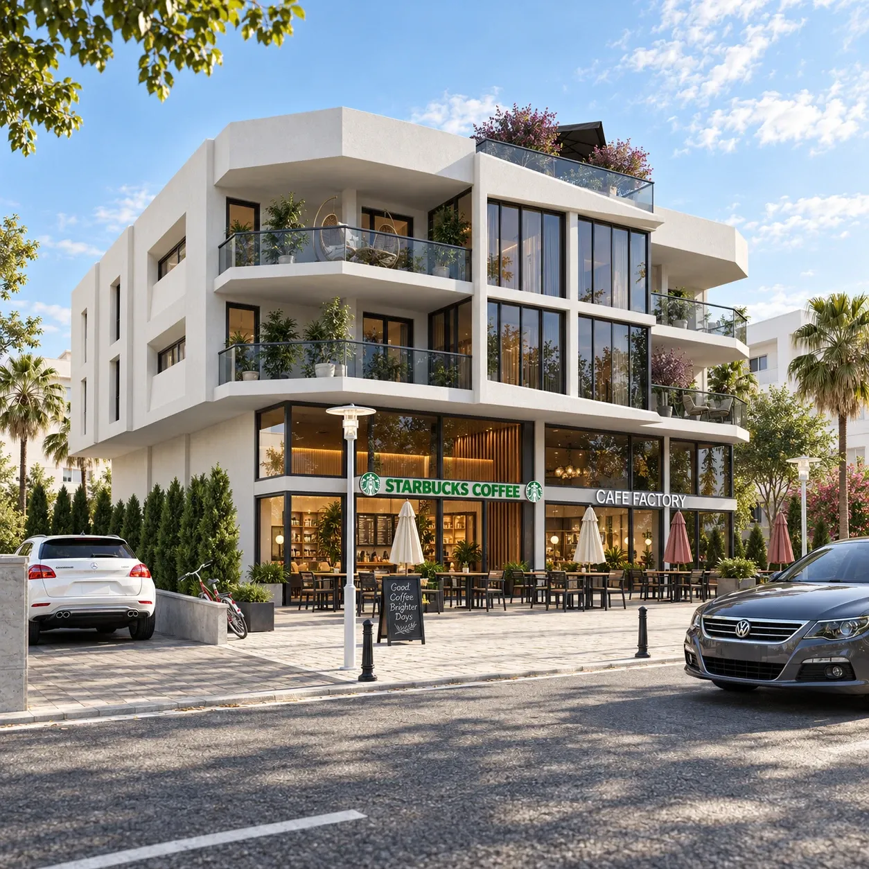 Beyaz kütleli, balkonlu ve zemin katında kafe bulunan modern bir yapı.